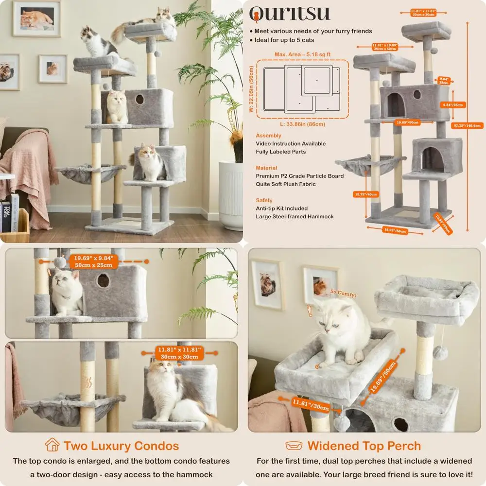 

Large Indoor Cat Tower 57 High with 2 Top Perches, 1 Widened and 2 Enlarged Condos, Steel Frame for Extra Stability