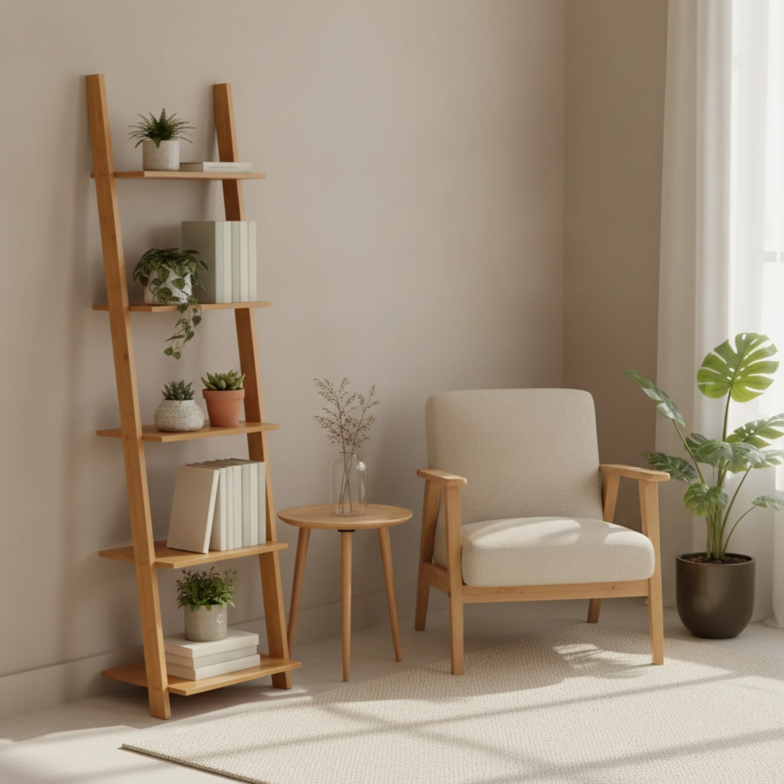 Bamboo Shelf with Five Tiers Space-Saving Leaning Wall Shelf Shelving Unit Slim Bookcase Sturdy for Apartment Dwellers