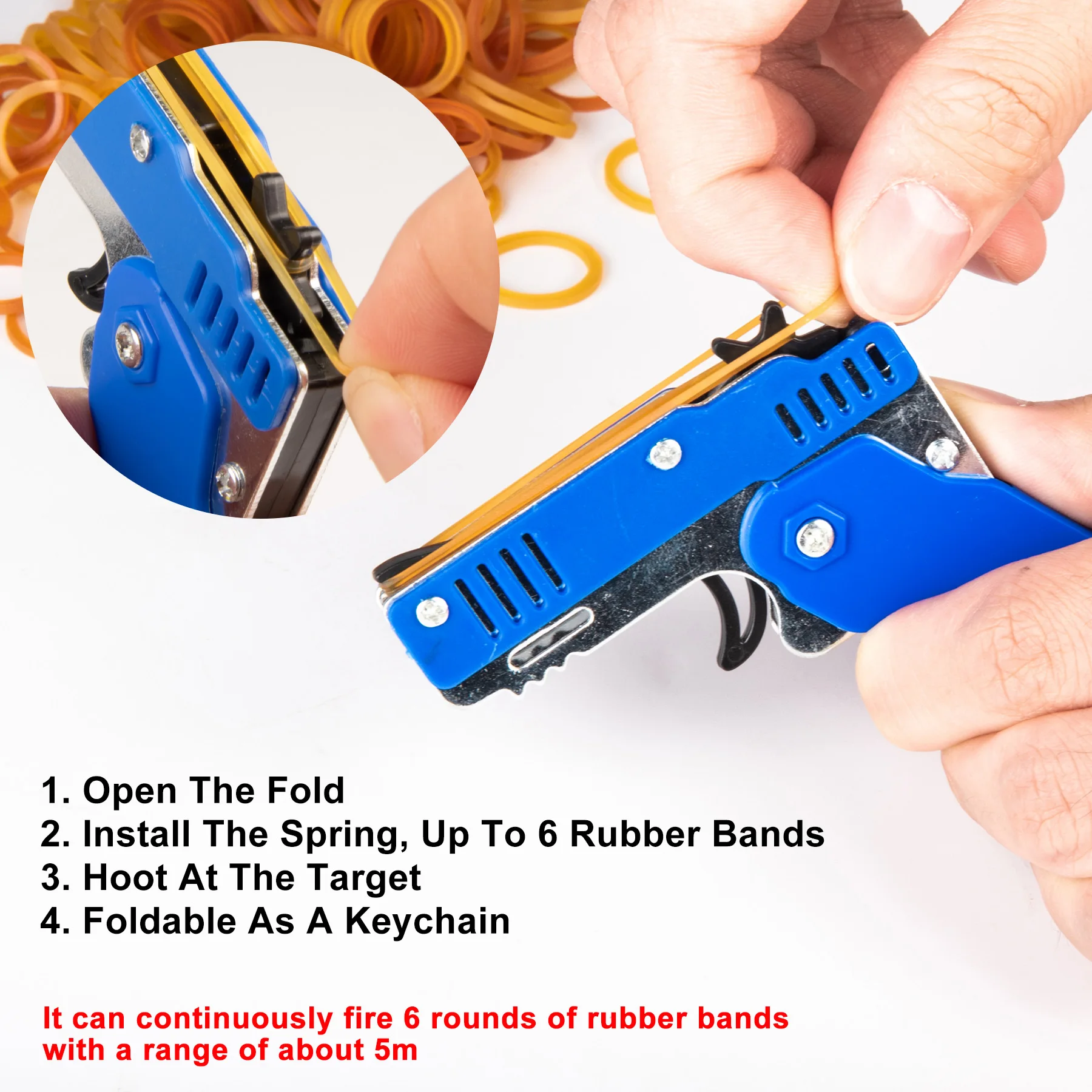 ゴムバンドガン ミニ合金 折りたたみ式 おもちゃの銃 キーホルダー クイックシュート 6ゴム おもちゃの銃 ゴムバンド付き