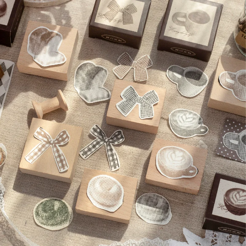Coffee Bread Bow Retro Plaid Design Wooden Stamp DIY Craft Supplies Scrapbooking Material Stationery Seal for Hobby