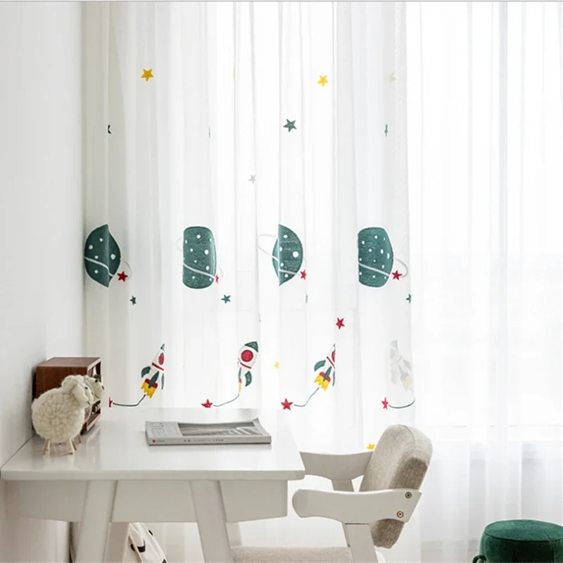 Cartoon Outer Space Rocket Embroidered Voile Curtain For Kids Bedroom Living Room Sheer Window Drapes Luxury Children Tulle 20D3