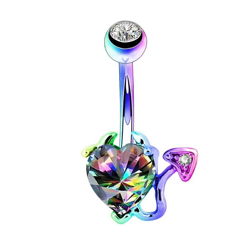 1 pz corpo Punk diavolo cuore ombelico anelli 14G cuore acciaio chirurgico ombelico bilancieri iridescente CZ Body Piercing