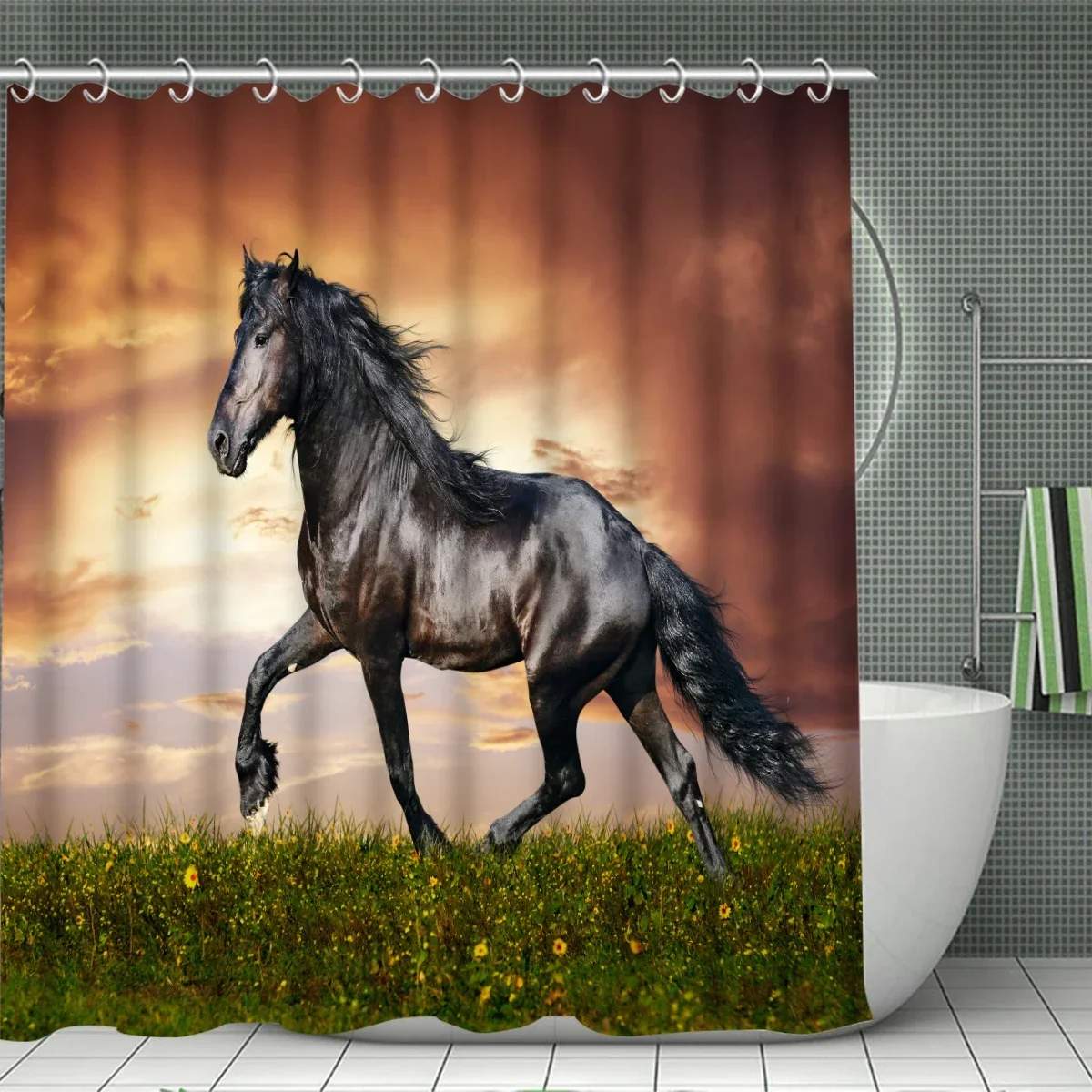 Farm Animal Horse, Waterproof Bathroom Partition Curtain with Hooks, Non-slip Bathroom Mat, U-Shaped Mat, Toilet Seat Cover