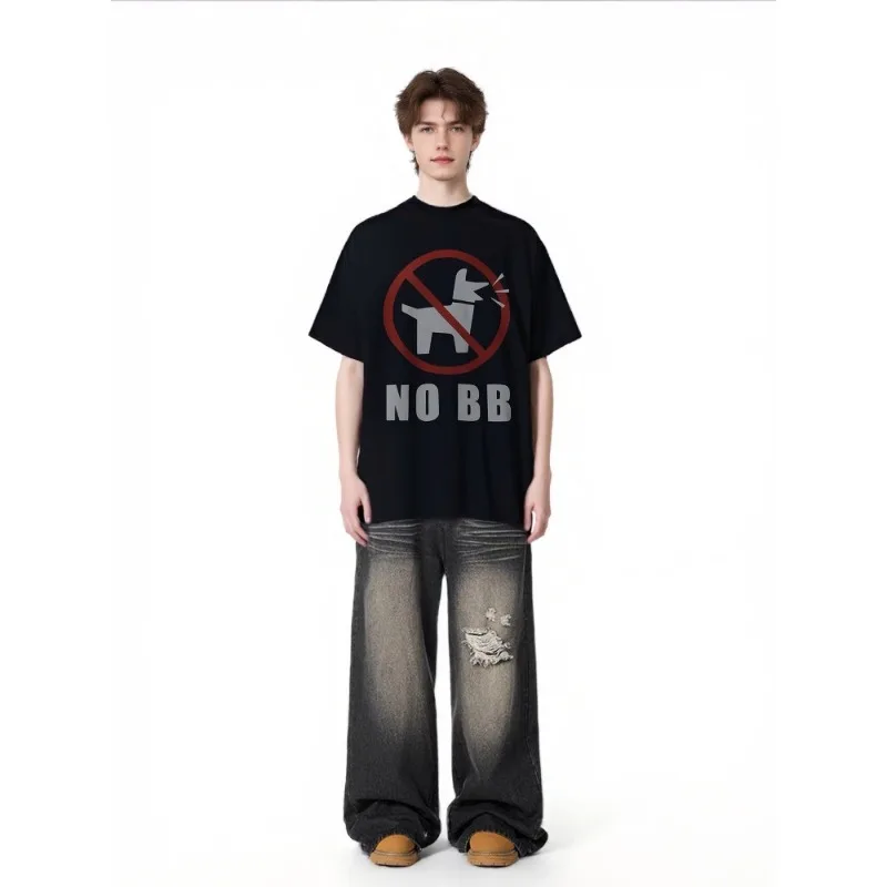 

Pure Cotton Summer Casual T-shirt with 2D Printed Parody Image "No Barking" Abstract Fashionable and Comfortable Y2K Style