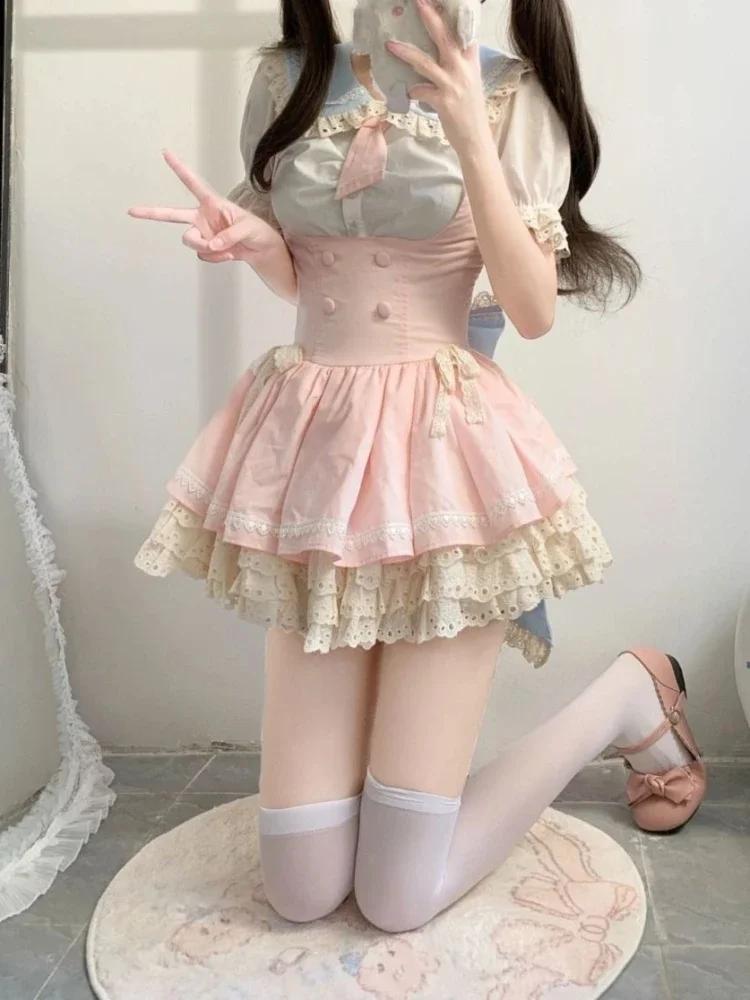 

Sweet Lolita JK 2 Piece Set Women Cute Doll Collar Shirt + Short Cake Strap Skirt New Fashion Chic Outfit 2025 Hot Sale