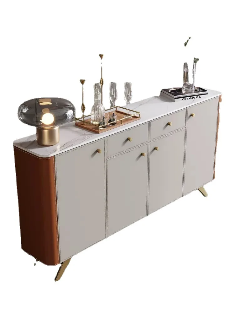 

Light Luxury Saddle Leather Dining Side Cabinet Modern Living Room Solid Wood Marble Entrance