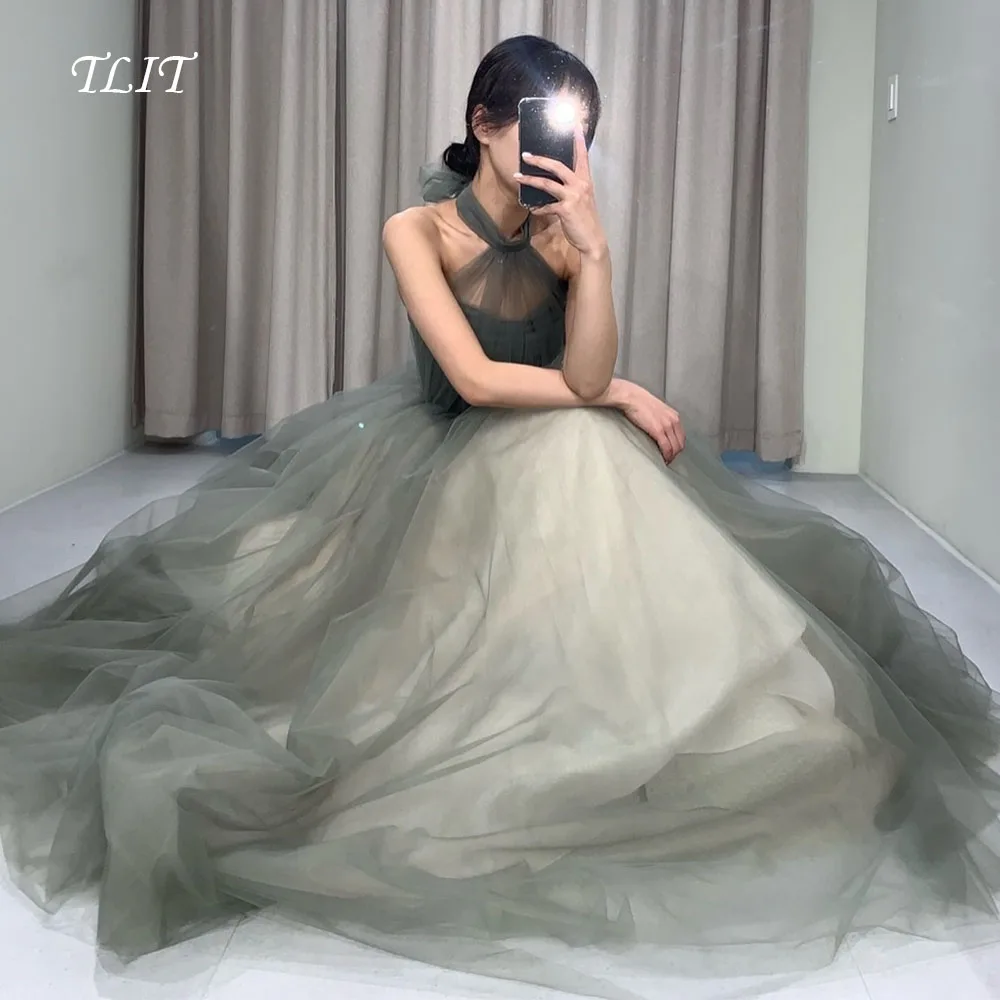 

TLIT Elegant Grey Tulle Evening Dresses Halter A-Line Party Dress Korea Wedding Dresses Photo Shoot Customized Formal Party
