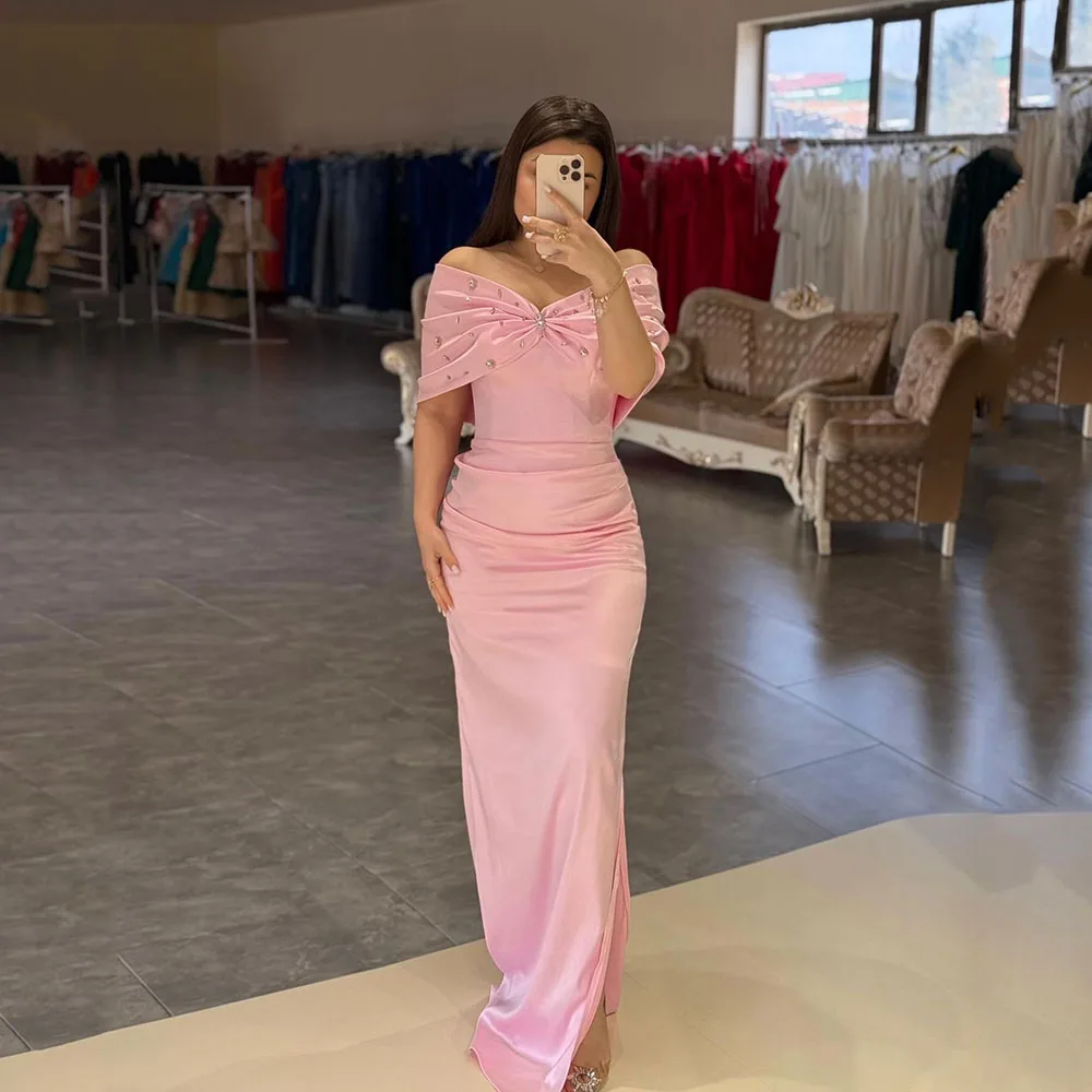 

Msikoods Pink Off Shoulder Party Dress 2025 Beaded Mermaid Satin Birthday Dress Slit Prom Dress Women Formal Gown Customized