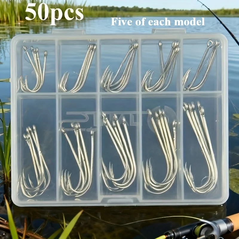 50 Long-Shank Hooks in Mixed Sizes - High Strength, Good Corrosion Resistance, Suitable for Both Freshwater and Saltwater