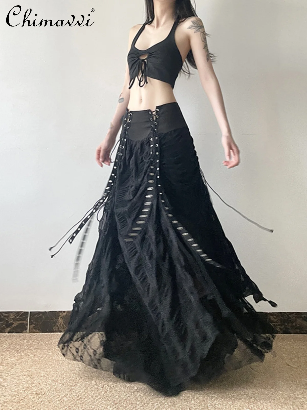 

Spring and Autumn New Gothic Dark Girl Temperament Lace Mesh Splicing Skirt High Waist Thin Straps A-line Long Skirts for Women