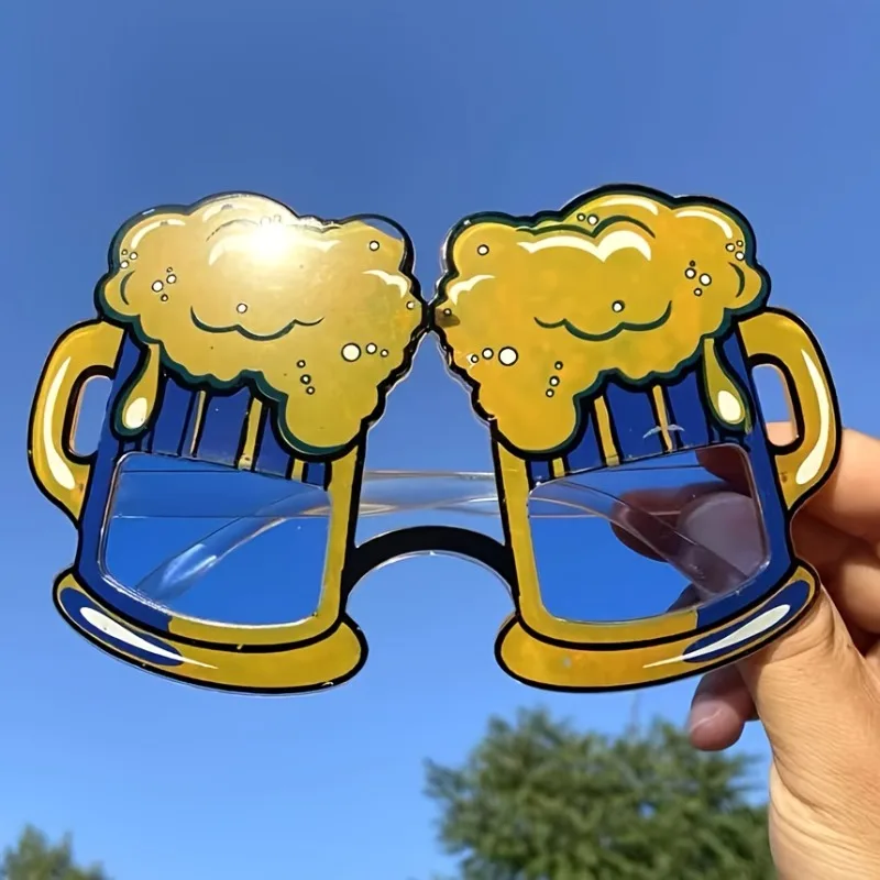 Gafas de fiesta Oktoberfest, diseño de taza de cerveza azul y amarillo, accesorio de fotomatón de plástico ligero para adultos, accesorio de disfraz de Festival