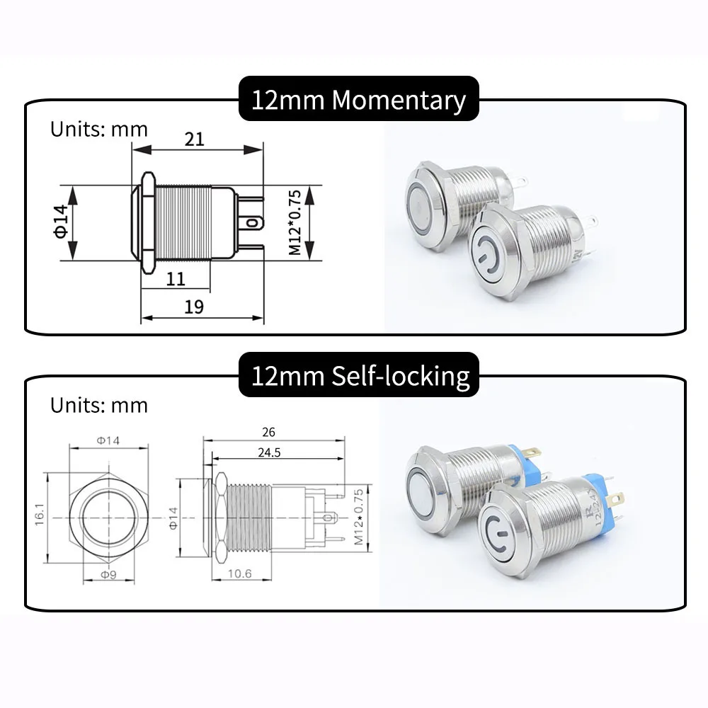 12mm 16mm 19mm 22mm Metal Push Button Switch Flat Head 1NO1NC Start Stop LED Light Red Orange Blue Green White 3v 12v 24v 110v