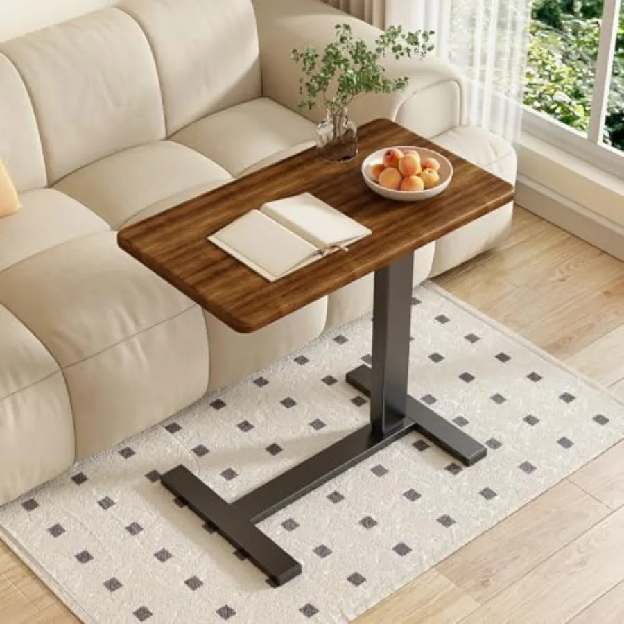 

Overbed bedside table for hospital and home use, brown L-shaped steel base with waterproof tray, pneumatic height adjustment, r