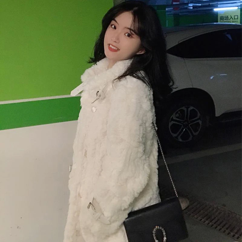 Lamb Wool Coat Women Mid-Length 2024 Winter Loose Chic Thick Warm Imitation Rabbit Plush Fur Jackets Stand Collar Lady Outerwear