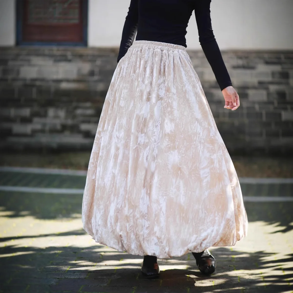 Falda midi de terciopelo con pintura de tinta teñida anudada de estilo chino cálido, falda completa estilo retro versátil