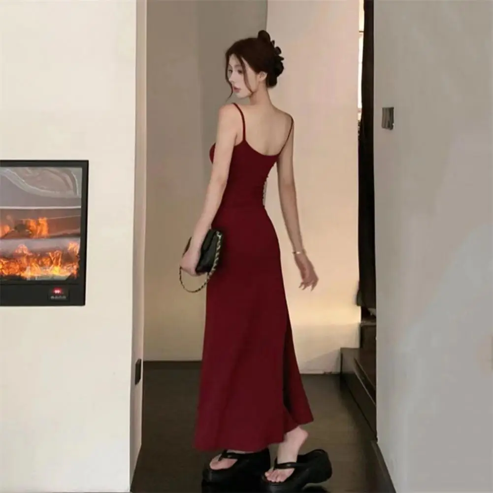 Korean style Strappy Dress Spaghetti Strap Sleeveless Tight Waist Slim Fit Backless Low-cut Ankle Length Women Vest Dress