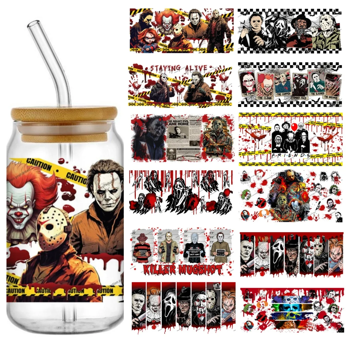 40 diseño Original columna vertebral enfriando película de terror de Halloween arte asesino 16oz UV DTF pegatinas calcomanías vasos tazas artesanales DIY