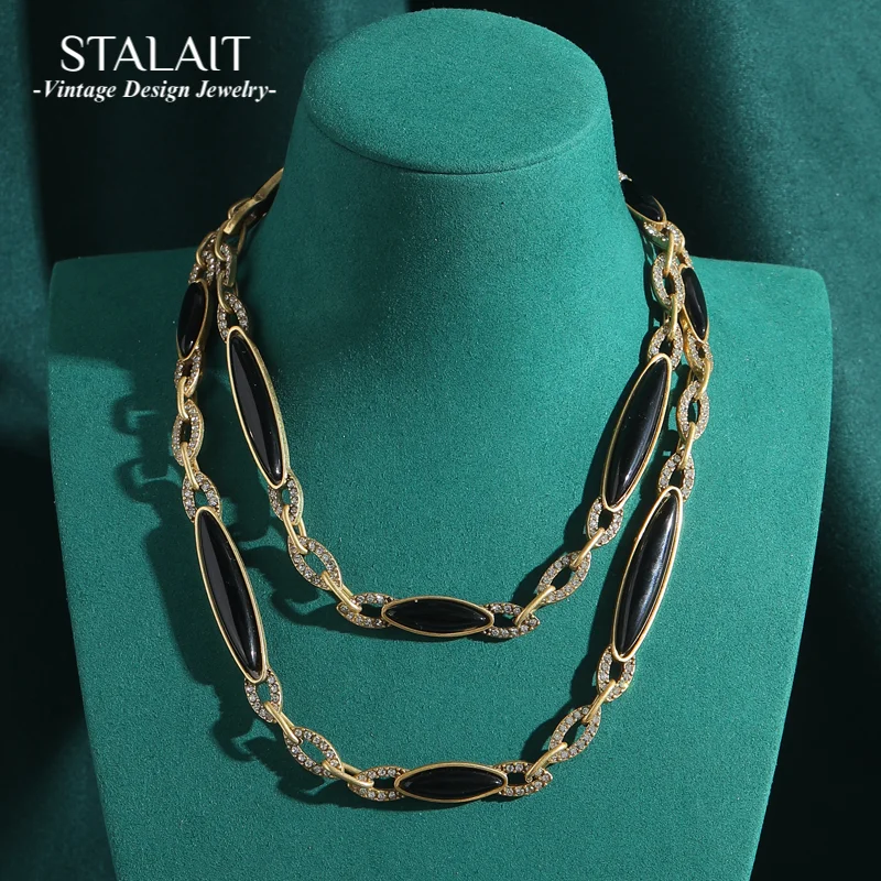 

Vintage Antique Gold Color Long Necklaces For Women Willow Leaf Black Agate Palace Jewelry Accessories Luxury Designer Holiday