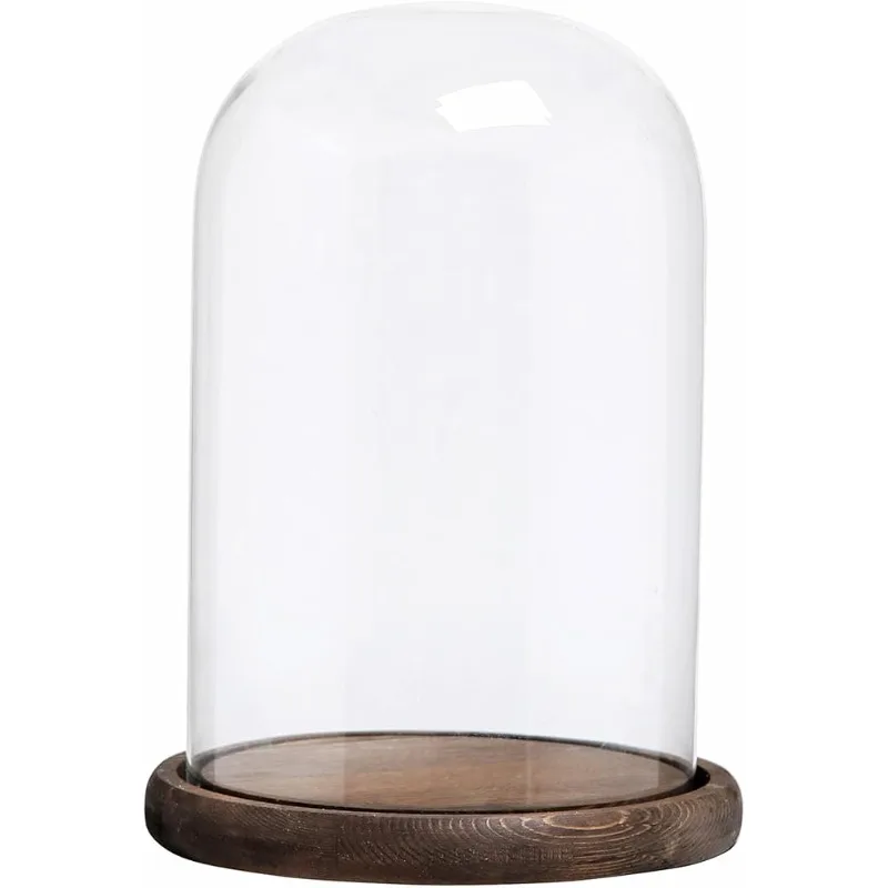 Bell Jar Glass Cloche with Rustic Wood Base,10In Tall Clear Decorative Glass Dome Display for Plants,Curios,Keepsakes,Heirlooms