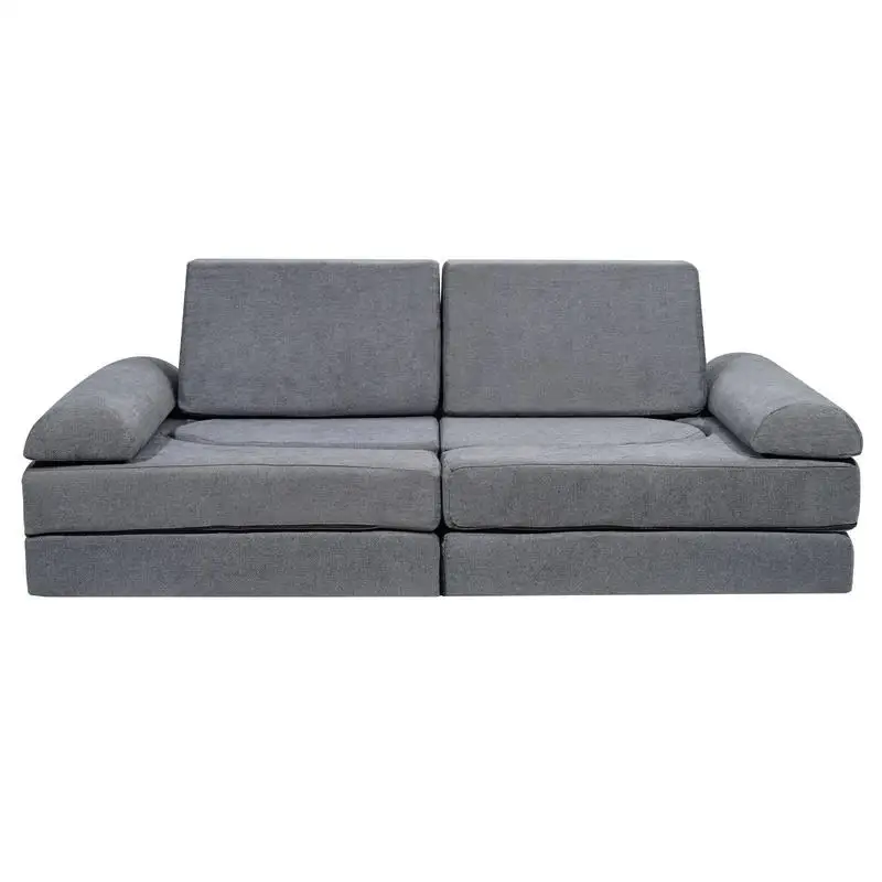 Children's play sofa made of chenille fabric, 10-piece building block set, children's play sofa with removable cover, 80 kg weight capacity, convertible children's sofa for sleeping and reading, grey