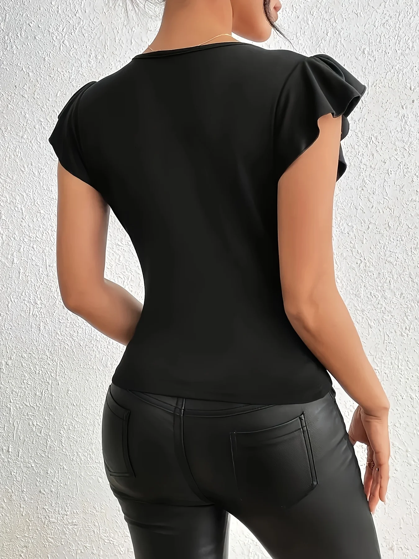Sexy Deep V Sheer Mesh Patchwork Flutter Sleeve Slim Fit Bodysuit