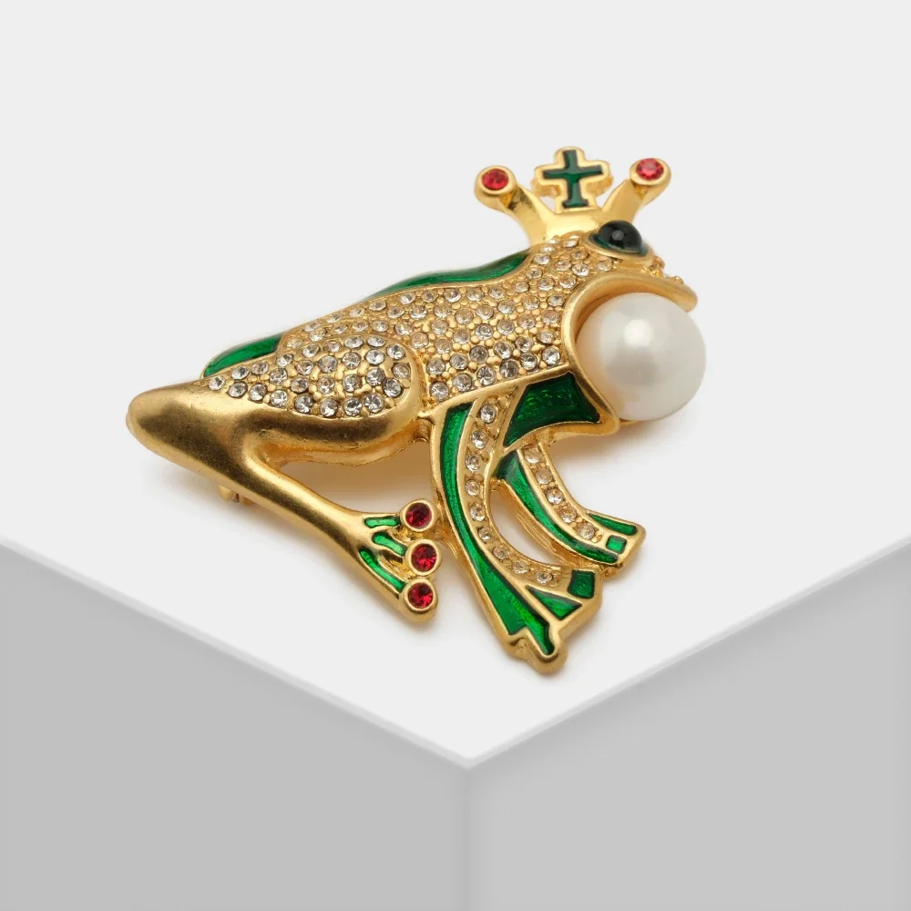 

AB/ Copper alloy inset Zircon with artificial pearl Frog shape design clothing pin Women's vintage fashion jewelry brooch.