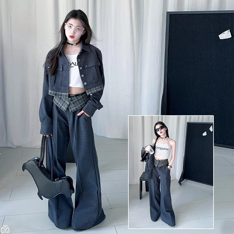 Autumn 4-14 teen Girls clothes set grid Splicing Short Coat+High Waist Casual Wide Leg jeans junior kid pants suit child outfits
