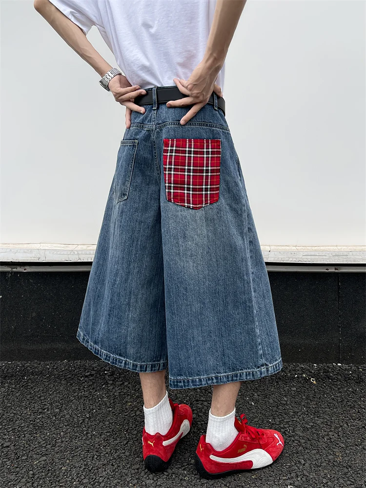 

Loose Straight Leg Denim Shorts for Men Summer Casual Youth Fashion Patchwork Wide Leg Jeans Shorts Street Style Checkered Pa...
