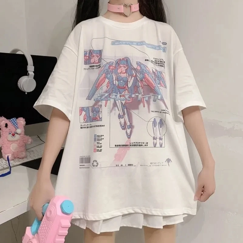 Japanese Two-Dimensional Vintage Short-Sleeved T-Shirt Women Loose Fake Two  Shoulders Ins Harajuku Style Salt Short-Sleeved Top