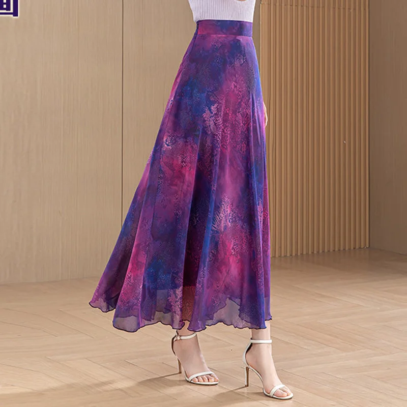 2026 Plus Size Summer Chiffon Big Flower Women's Long print Skirt Women Social large size 5XL 6XL 7XL Maxi skirts womens