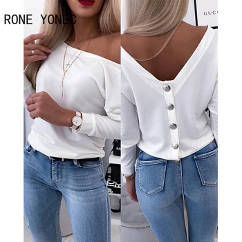 Women Diagonal Collar Button Decoration Long Sleeves Solid Basic Straight Blouse Tops