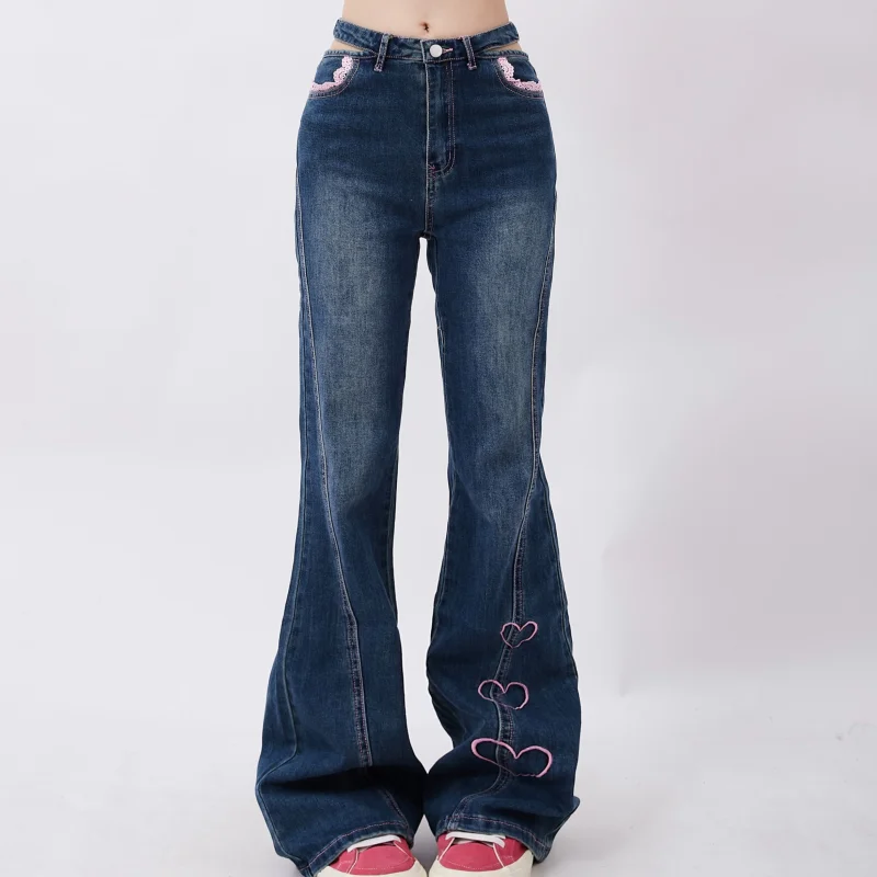 Blue Jeans Women Heart-shaped Fashion Y2K High Waist American Wide Leg Pants Streetwear Female Pants Autumn Straight Trousers