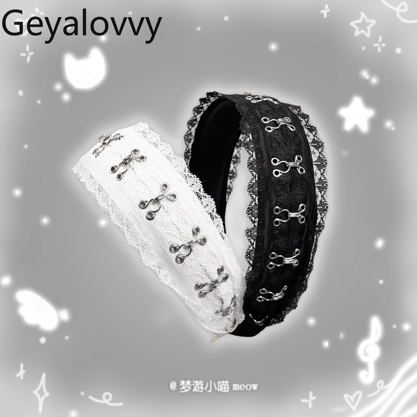 

Черно-белая кружевная повязка на голову в японском стиле Y2K, сексуальные аксессуары для волос с кожаной пряжкой и цепочкой, в стиле панк-субкультуры