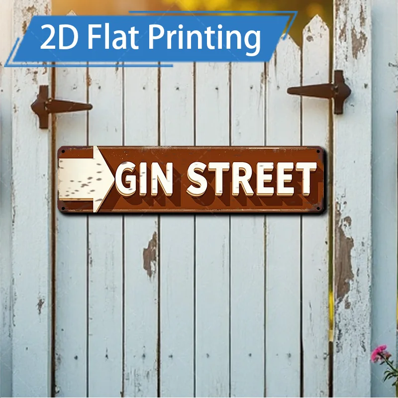 [2D FLAT] 1pc Metal Sign, 4×16inch Rustic Gin Street Sign 2D Flat Print Metal Art Decor