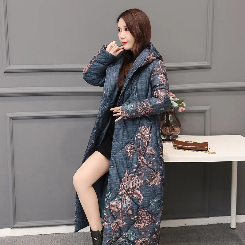 Fdfklak Hooded Thick Warm Parkas Women Vintage Printed Down Cotton Winter Coat Middle Aged Mother Overlength Padded Jacket