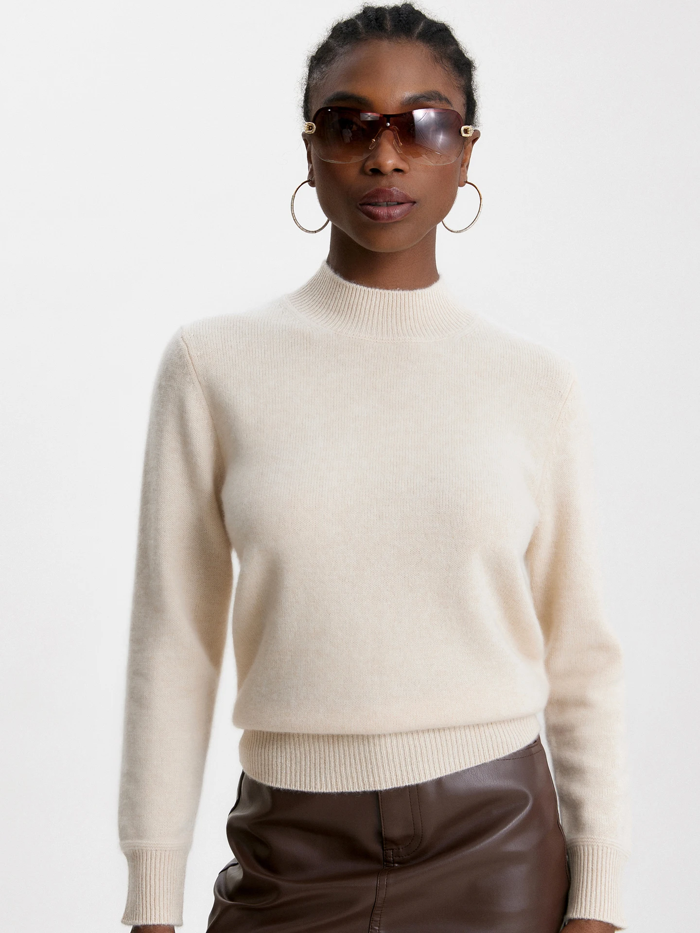 TLOML Women 100% Baby Cashmere Sweater Mock Neck Solid Pullover Autumn Winter Cashmere Knitwear Soft Warm Basic Comfy Thick Tops