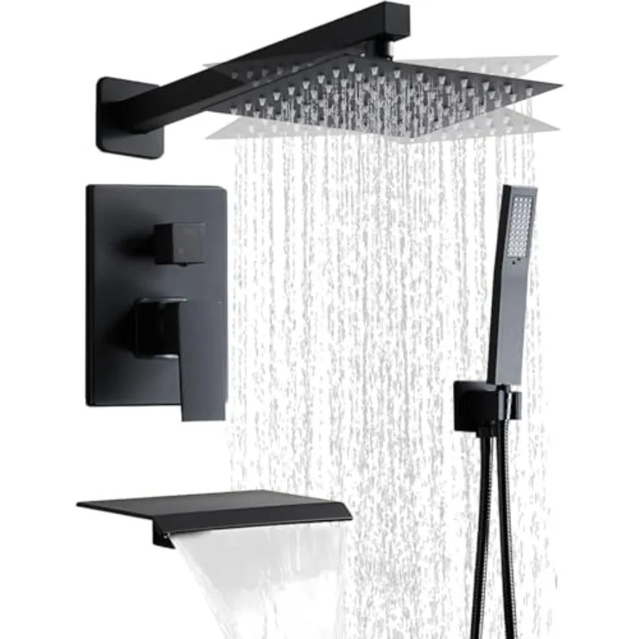 

Matte Black Shower Faucet 12 Inch Set with Tub Spout Shower Head and Handle with 2 Hooks Rain System Square Wall Mount for Bath