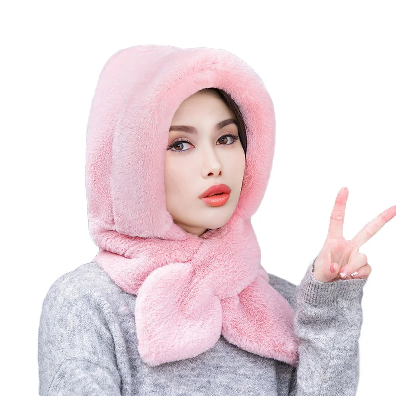 Women Winter Hood Beanies Thick Plush Scarf Hat Set Outdoor Ski Windproof Warm Headgear Solid Fluffy Fur Female Earmuffs Cap