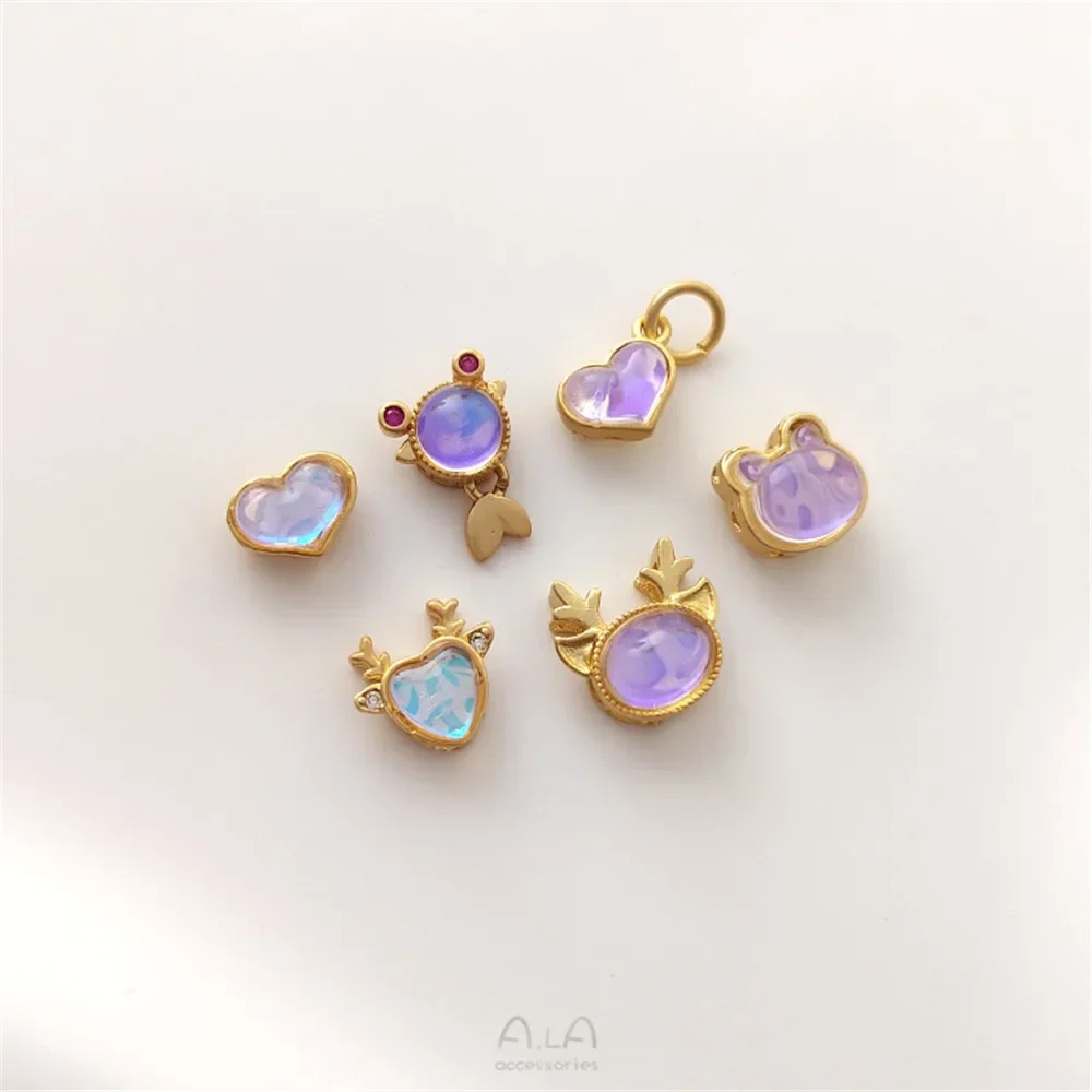 Chapado en cobre, oro mate con incrustaciones de imitación de piedra de luz de luna, alce, pez dorado, cabeza de oso, cuentas separadas, accesorios colgantes en forma de corazón