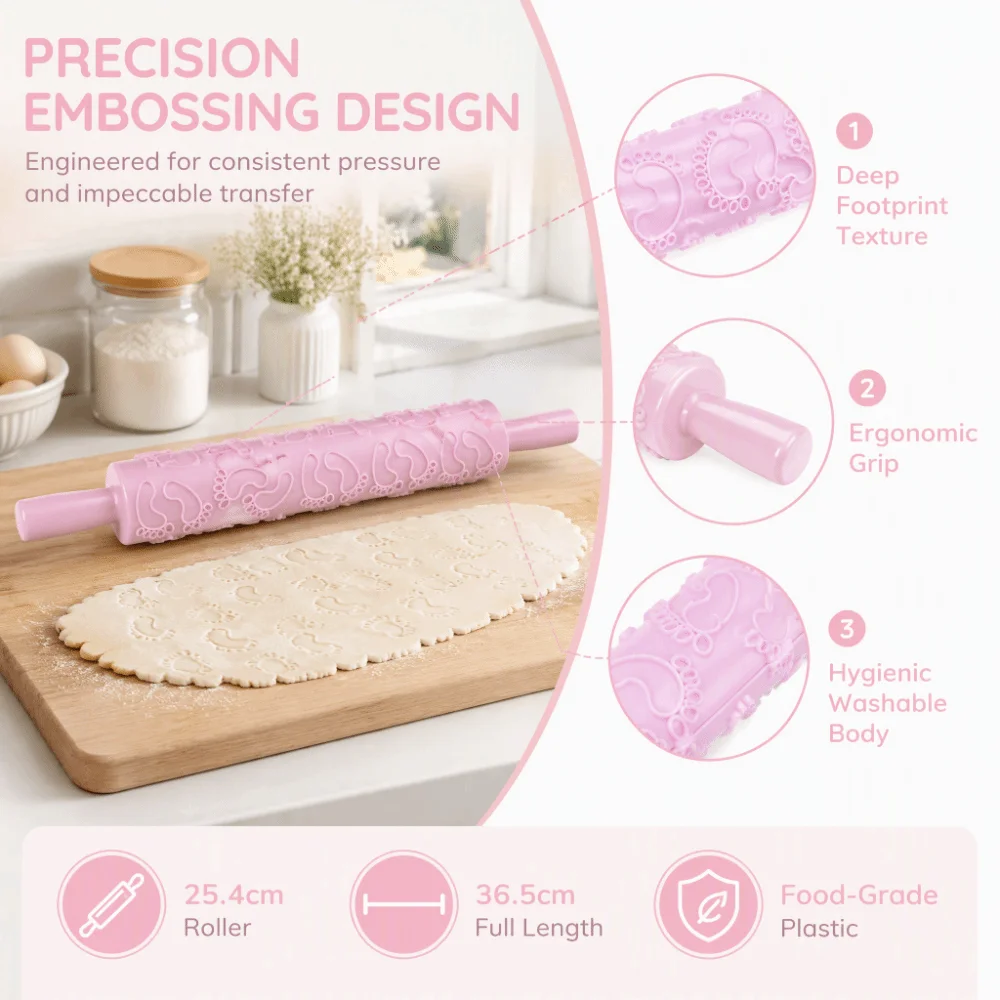 Lightweight Fondant Rolling Pin Rose Little Feet Pattern Embossed Pattern Surface Cake Decorating Roller Food Grade PP