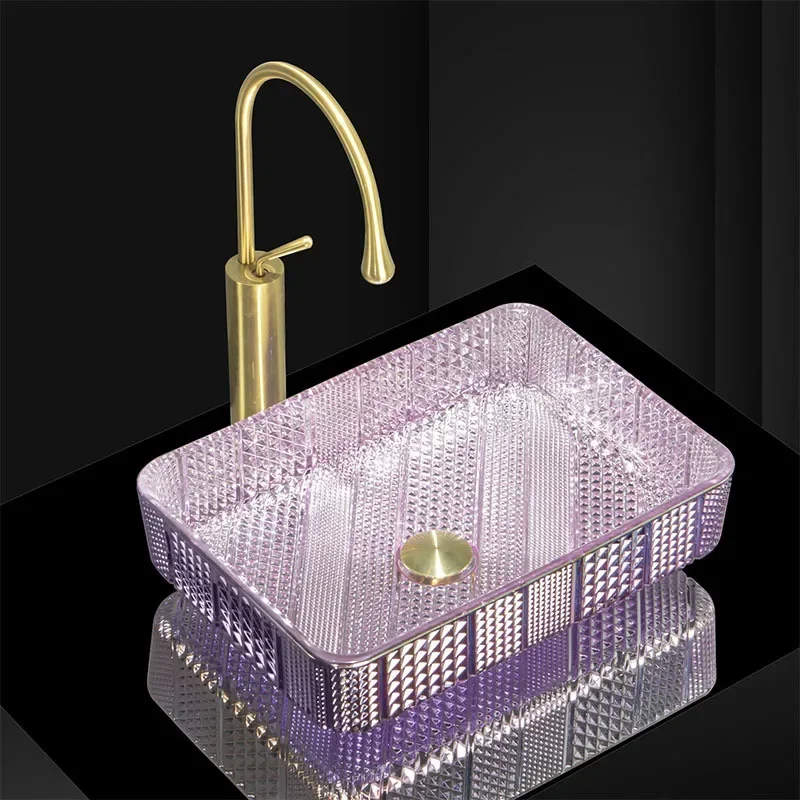 Purple Crystal Glass Sink Hotel Luxury Countertop Bathroom Washbasin Transparent Sink Home Balcony Vessel Basin 460*335*120mm