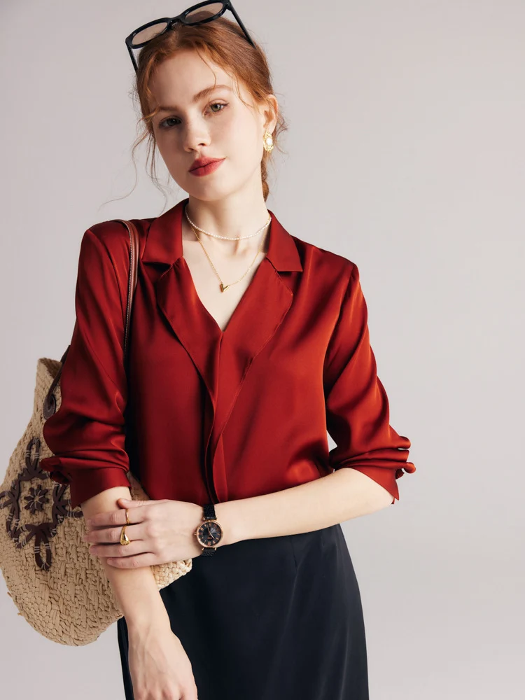 SuyaDream Women Plain Chic Blouses 90%Real Silk 10%Spandex Ruffles V Neck Solid Shirts 2023 Spring Summer Office Lady Top Red