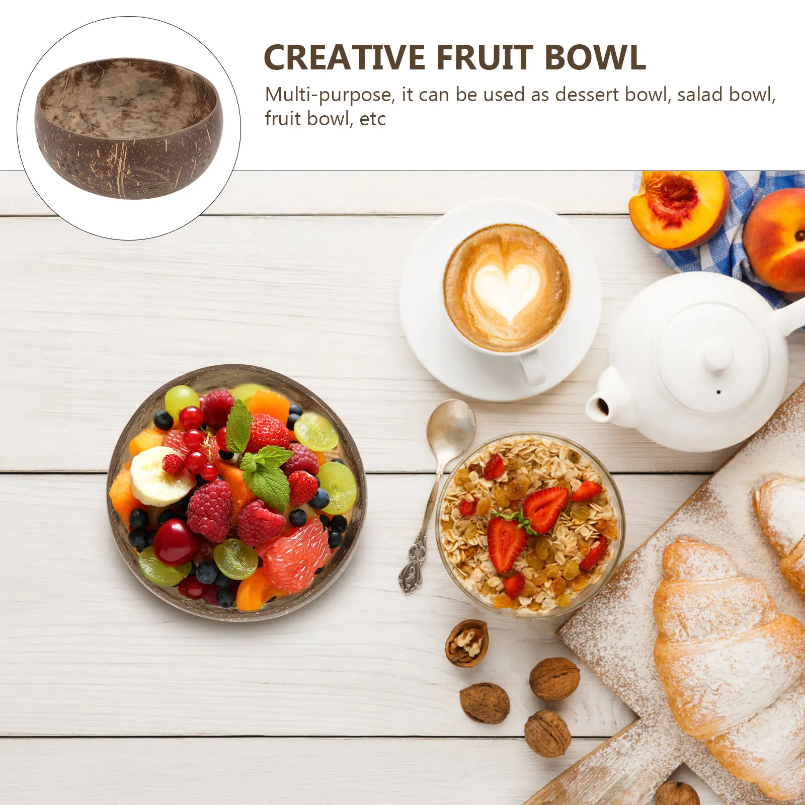 

Coconut Shell Bowl Wood Fruit Practical Pattern Dessert Salad Tableware Retro Decor Food Grade Safe Multi Purpose