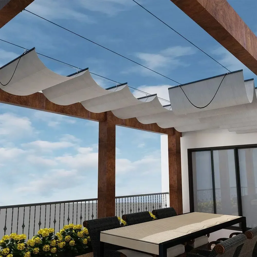 7' x 30' Retractable Sun Shade Cover Sliding Wave Shade Sail or Pergola Patio Deck Yard Gazebo Outdoor (Light Gray)