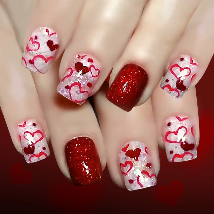

Short Square Glossy Press On Nails 24Pcs Red Heart Dots Glitter Sweet Valentine Day Fake Nails for Women
