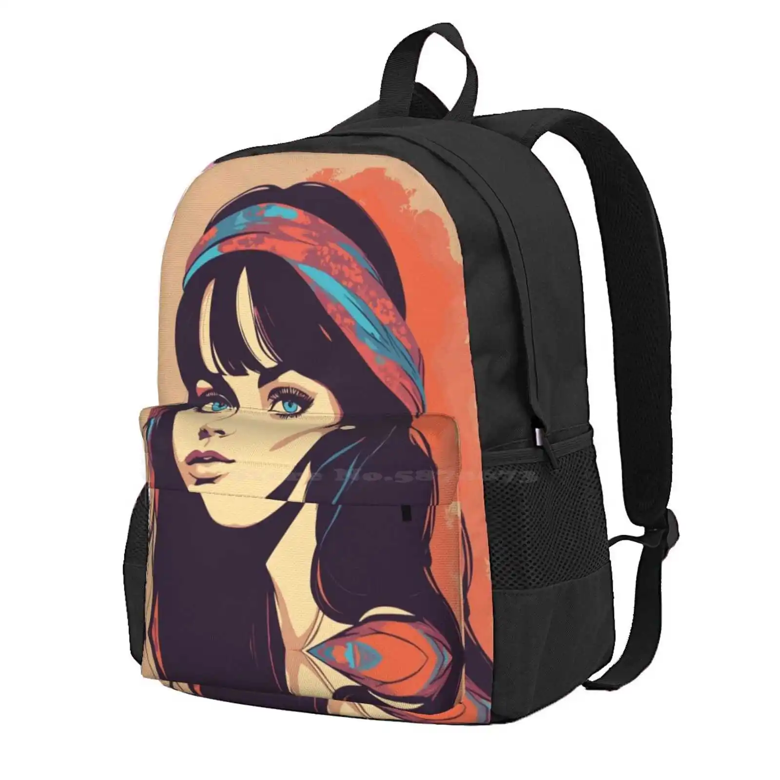 Portrait Young Hippie Woman Vintage Sixties Seventies Hot Sale Schoolbag Backpack Fashion Bags Vintage Portrait Retro Women Pop