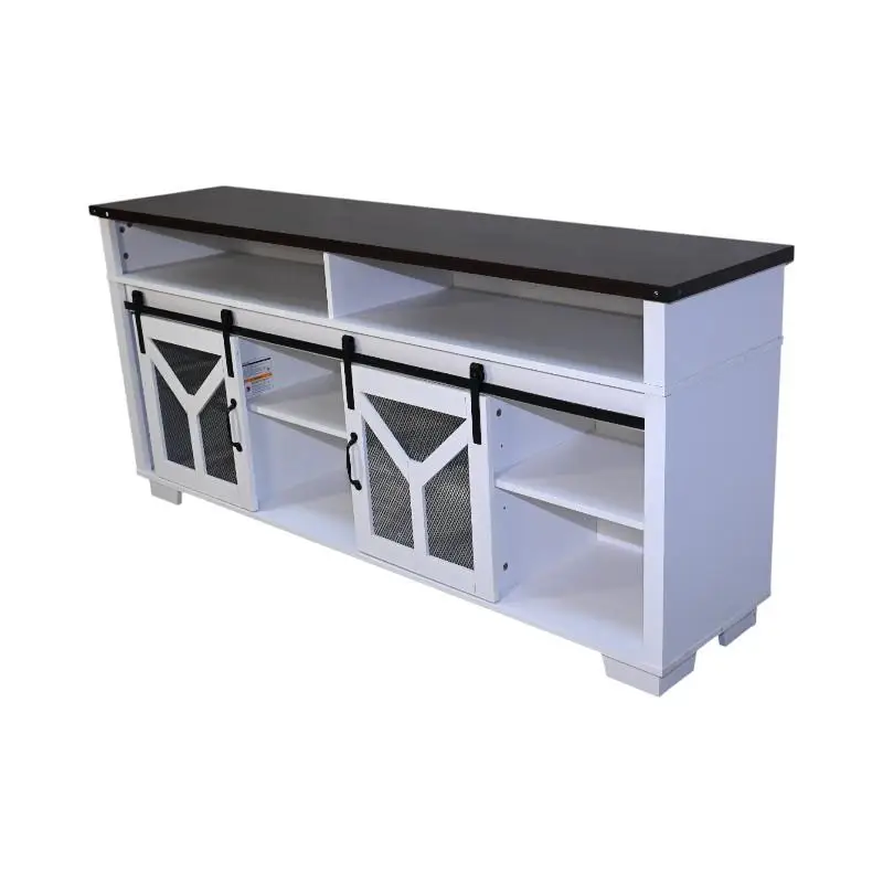 حامل تلفزيون مقاس 65.3 بوصة مع شرائط إضاءة LED وباب الحظيرة الشبكي الحديدي، سطح مزخرف بلون الجوز الأبيض والأسود، نمط المزرعة #6