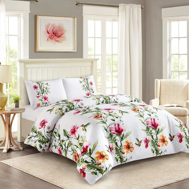 Style Quarters Dahlia Lane 3pc Duvet Cover Set - Multi-Color Floral Stems with White Leafy Silhouettes - 100% Cotton - Machine