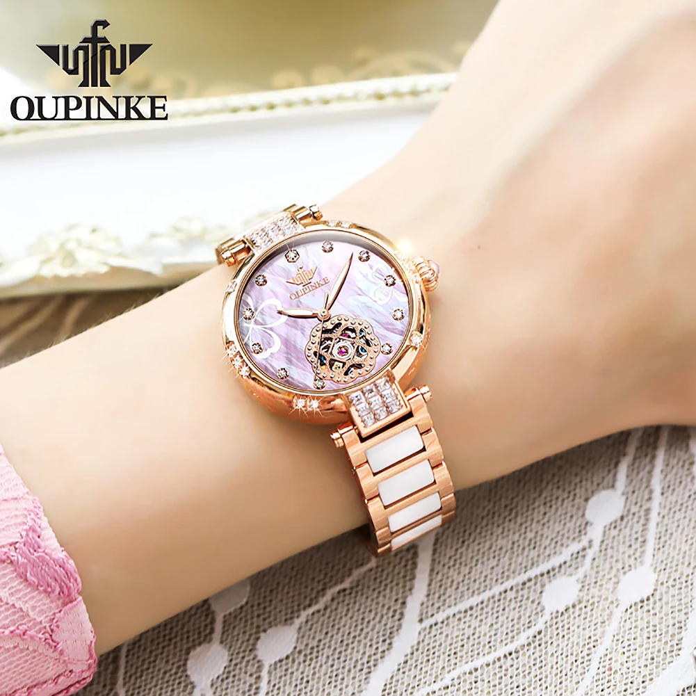 OUPINKE 3183 Shell Dial Watch for Ladies Diamond Hollow Dial Elegant Ceramic Strap Waterproof Original Mechanical Man Watches