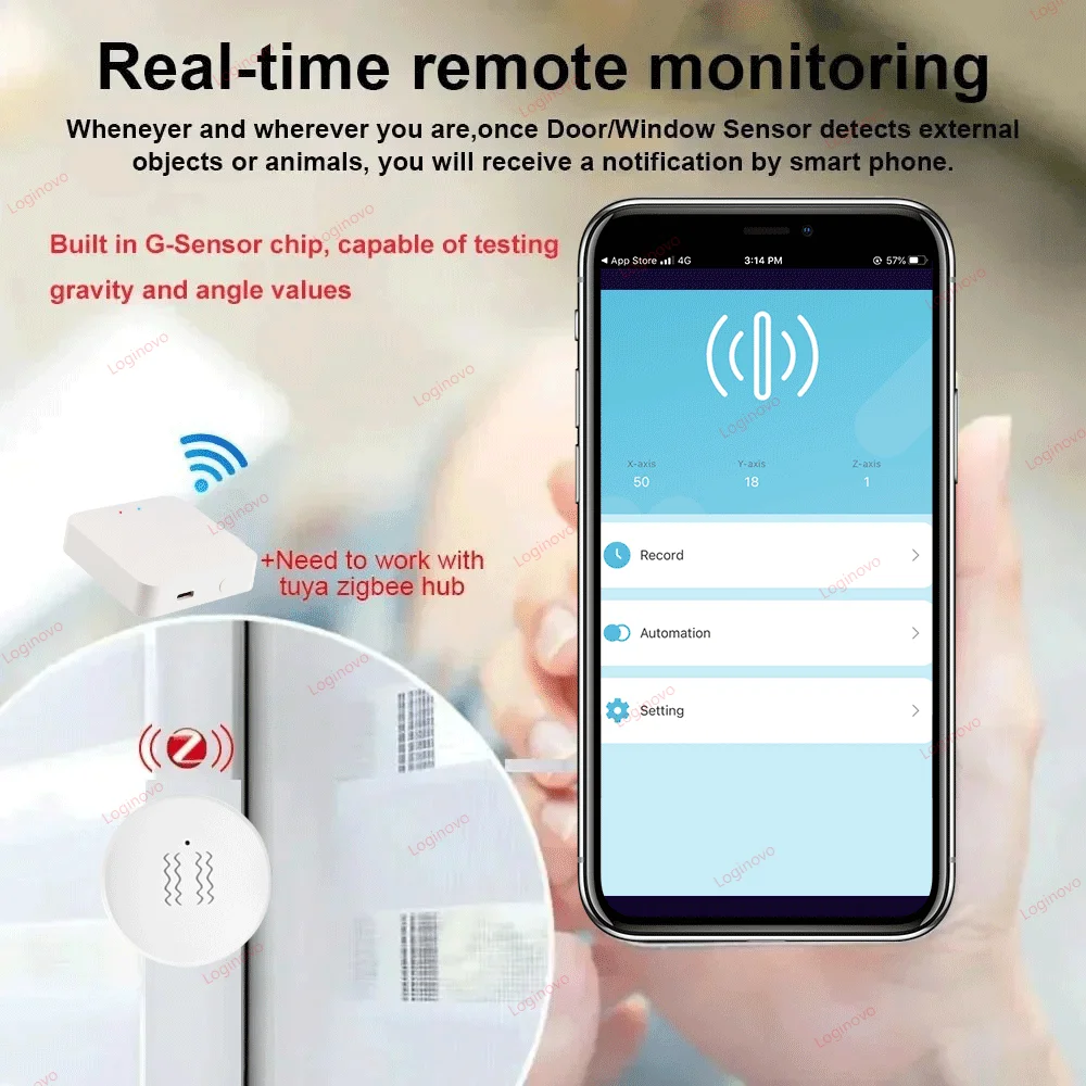 Sensor de inclinación de vibración ZigBee para puerta y ventana con eje XYZ, detección de alarma de seguridad para el hogar inteligente, Compatible con Tuya Smart Life
